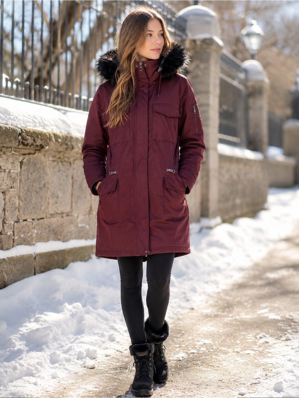 GUESS Burgundy Maroon Faux Fur Trim Hooded Winter Parka Coat Size Large